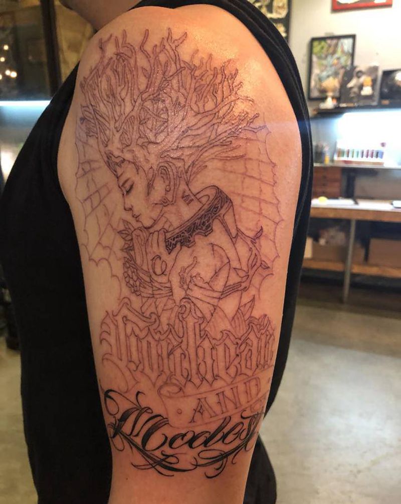 保护神纹身图片_手臂欧美写实花体字花体字人物纹身图案