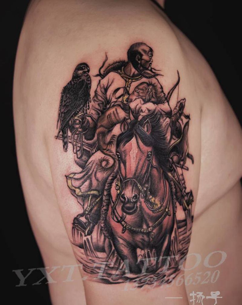 成吉思汗纹身图片_手臂新传统水墨成吉思汗纹身图案