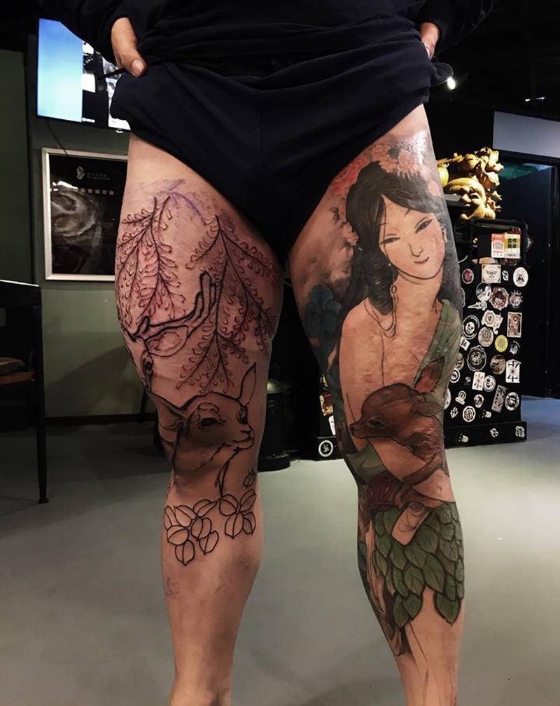 神女纹身图片_腿部脚部新传统水墨纹身图案