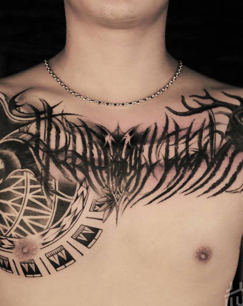新式图腾纹身图片_胸部图腾水墨纹身图案