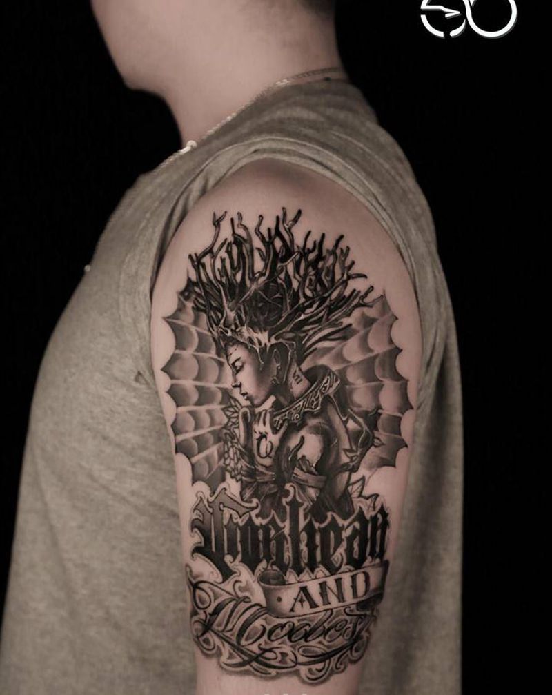 保护神纹身图片_手臂欧美写实花体字纹身图案