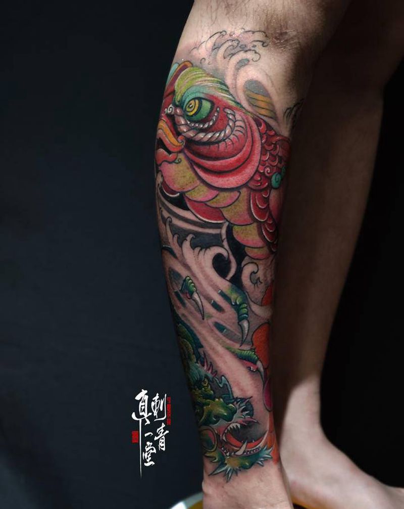 小腿纹身图片_腿部新传统纹身图案