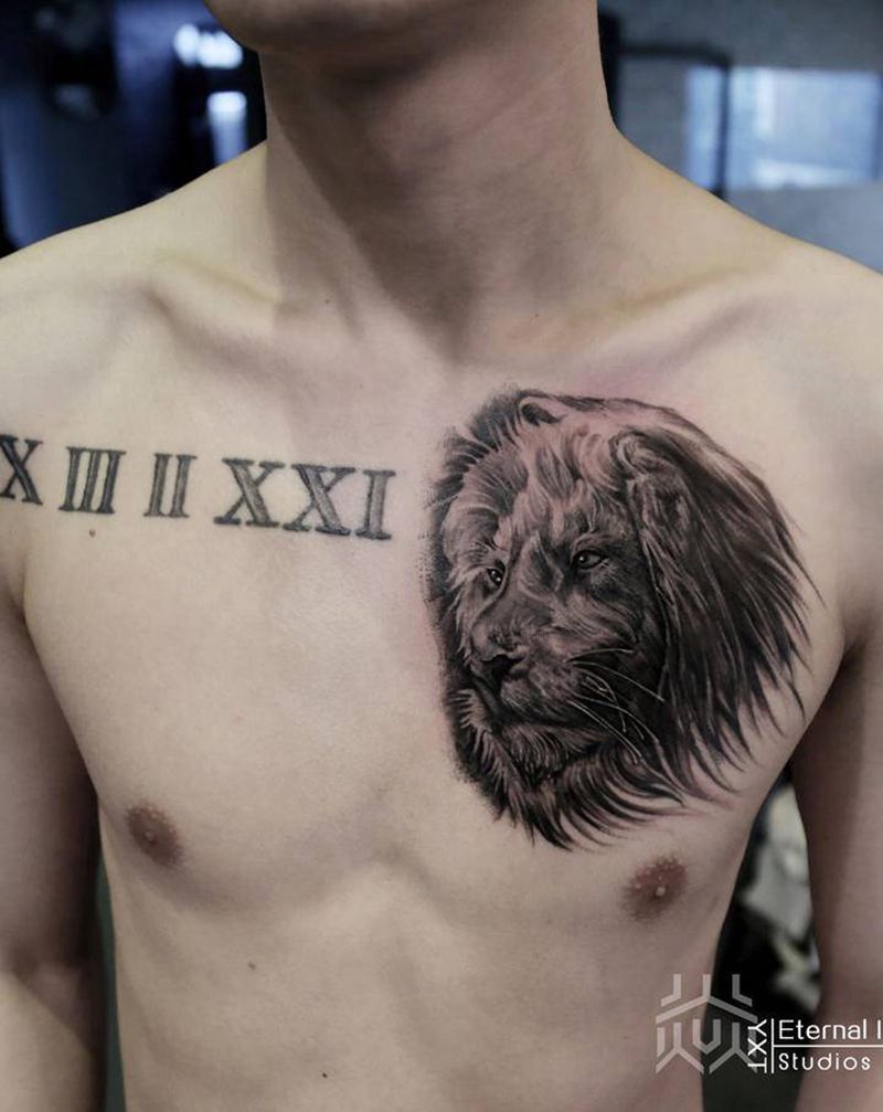 狮子纹身图片_胸部欧美写实纹身图案