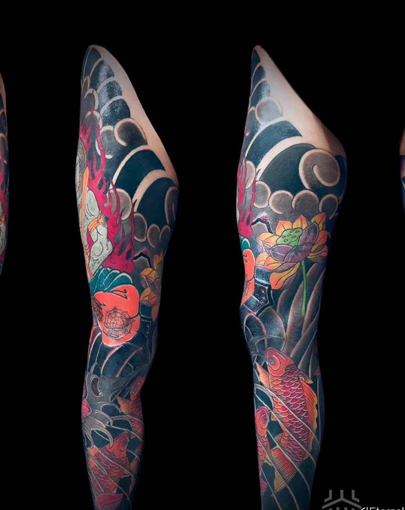 老传统花腿纹身图片_腿部老传统纹身图案