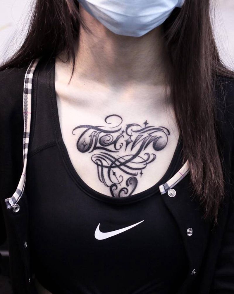 原创花体字纹身图片_胸部手臂花体字Old School花体字纹身图案