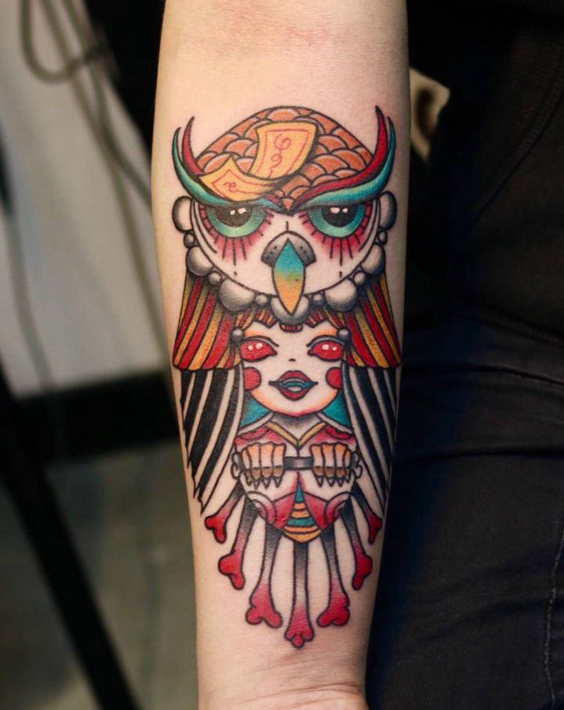 原创暗黑系猫头鹰纹身图片_手臂腿部Old SchoolNew School猫头鹰纹身图案