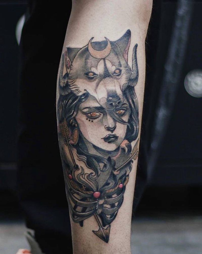 狼女纹身图片_手部腿部New School新传统狼纹身图案