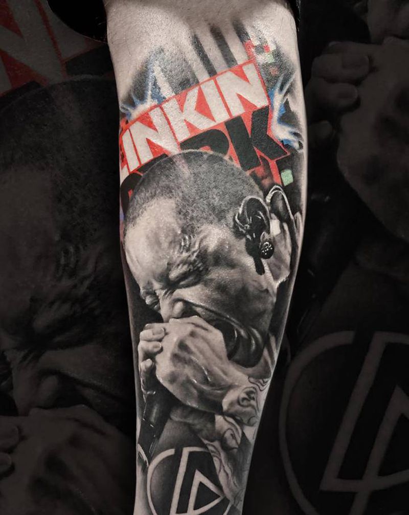 林肯公园纹身图片_腿部欧美写实纹身图案