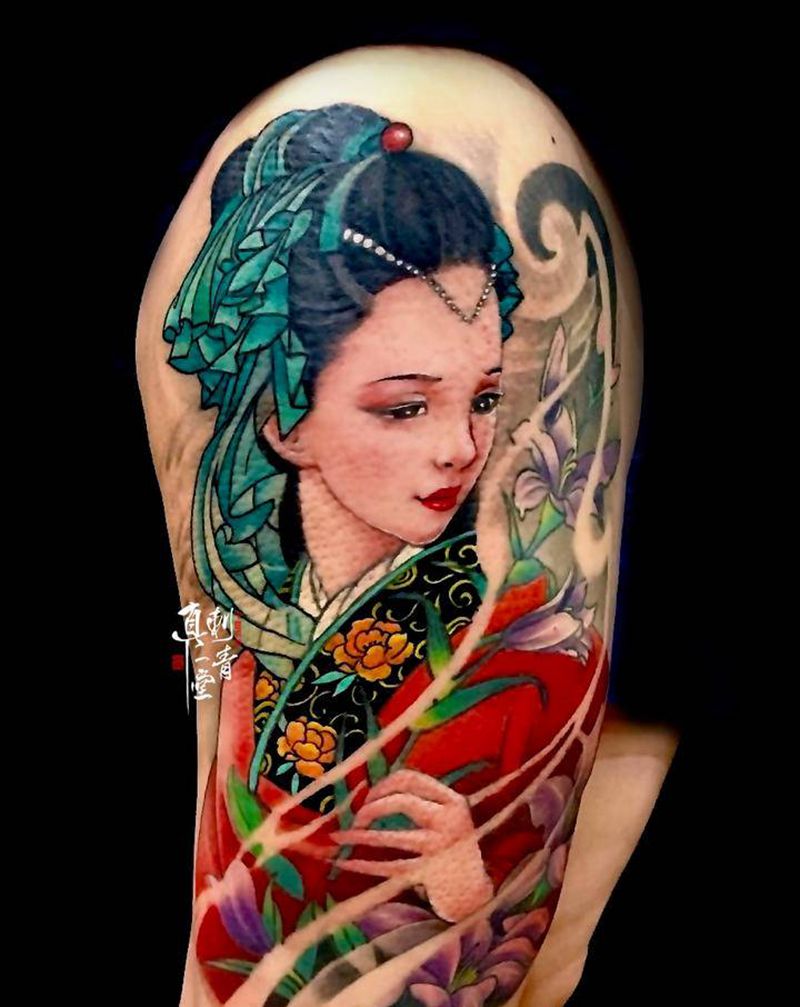 人物纹身图片_腿部新传统纹身图案