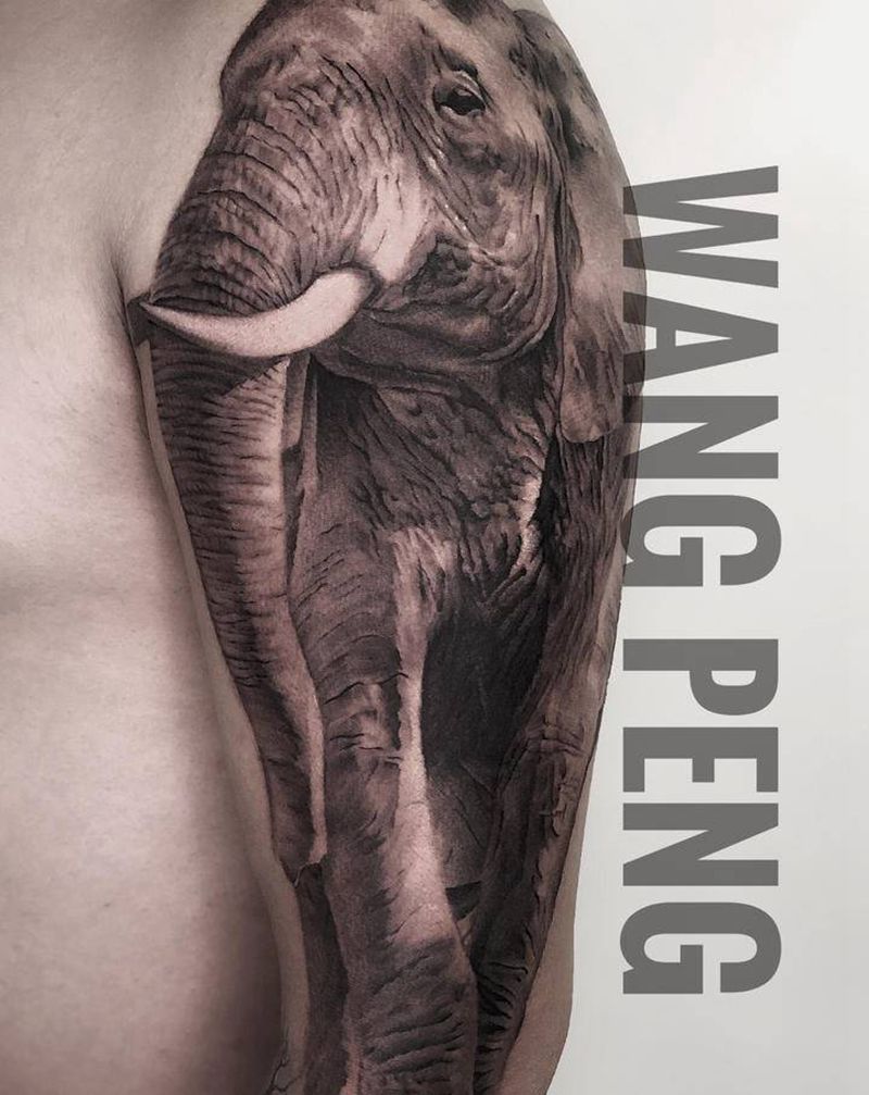 黑灰 大象纹身图片_手臂肩部欧美写实黑灰纹身图案