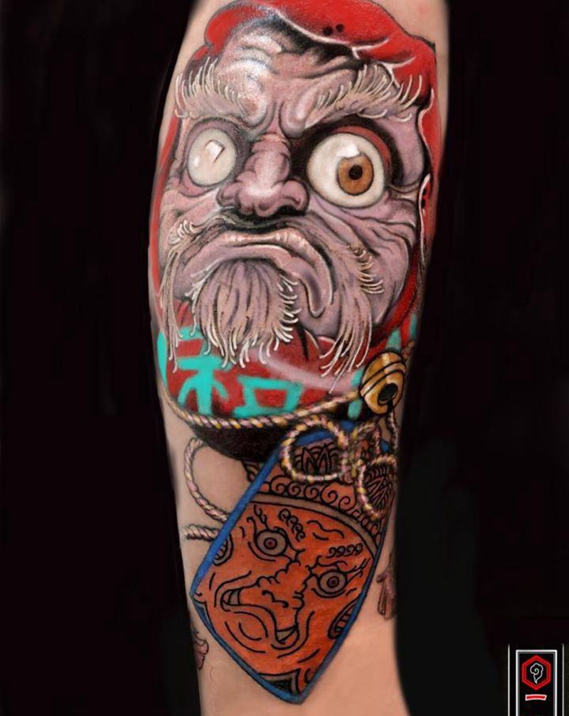 新传统达摩蛋纹身图片_腿部新传统纹身图案