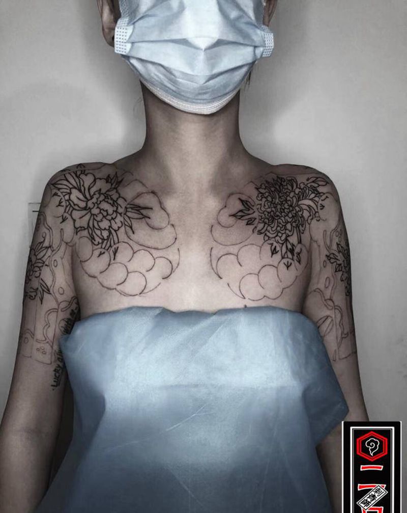 半甲纹身图片_手臂胸部老传统纹身图案