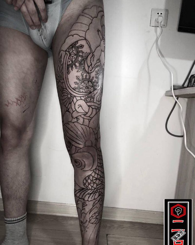 老传统花腿（鬼若丸治鲤）纹身图片_腿部老传统纹身图案
