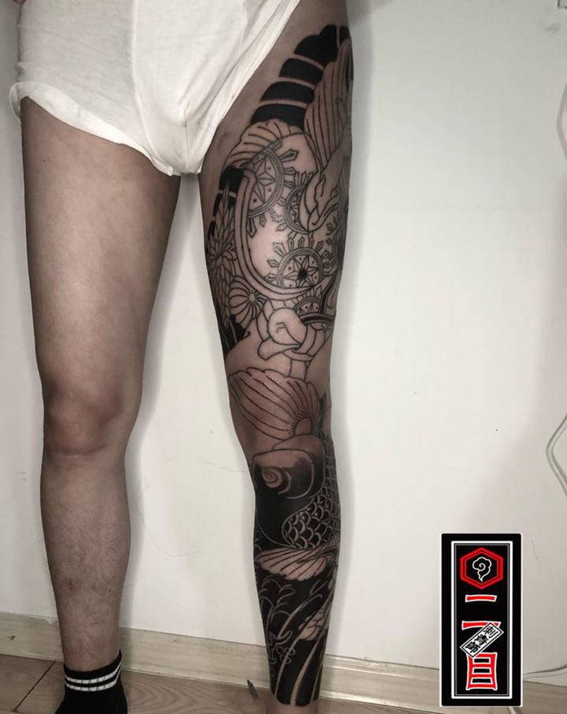 日式传统花腿纹身图片_腿部新传统纹身图案