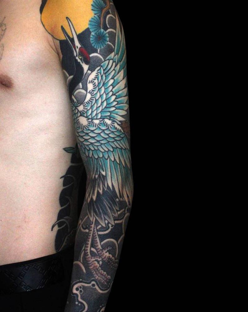 日式花臂 ～松鹤纹身图片_手臂老传统鹤松日式花臂纹身图案