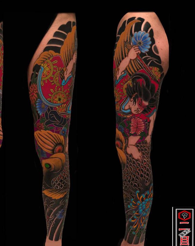 老传统（鬼若丸治鲤）花腿纹身图片_腿部老传统纹身图案