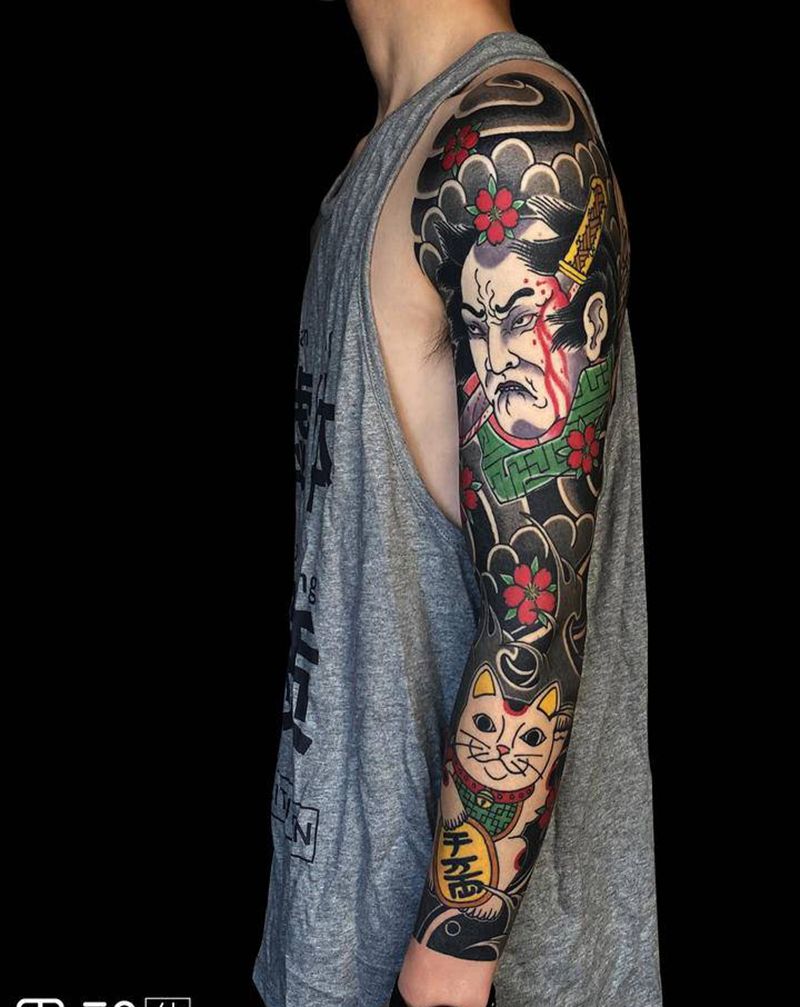 日式花臂纹身图片_手臂老传统生首招财猫日式花臂纹身图案