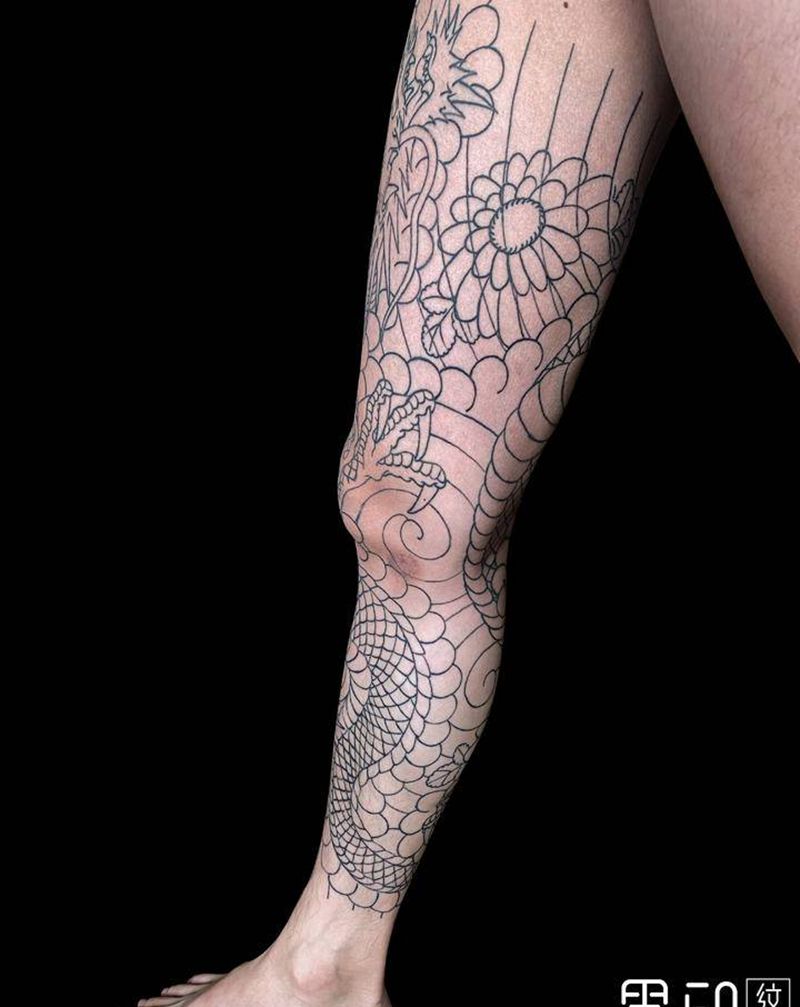 日式花腿(线条)纹身图片_腿部脚部老传统日式花腿日式龙花腿龙纹身图案
