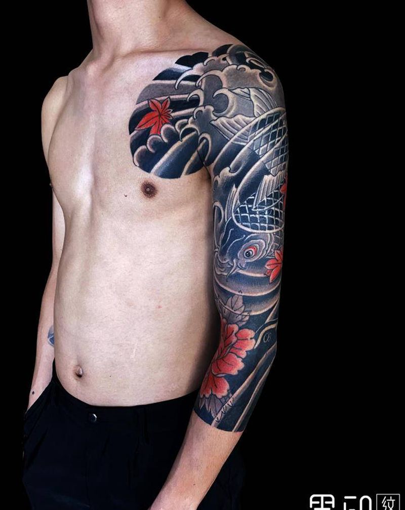 日式七分袖纹身图片_手臂手部老传统新传统老传统鲤鱼日式七分袖古派老传统纹身图案