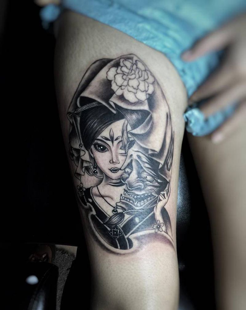 艺妓纹身图片_腿部纹身图案