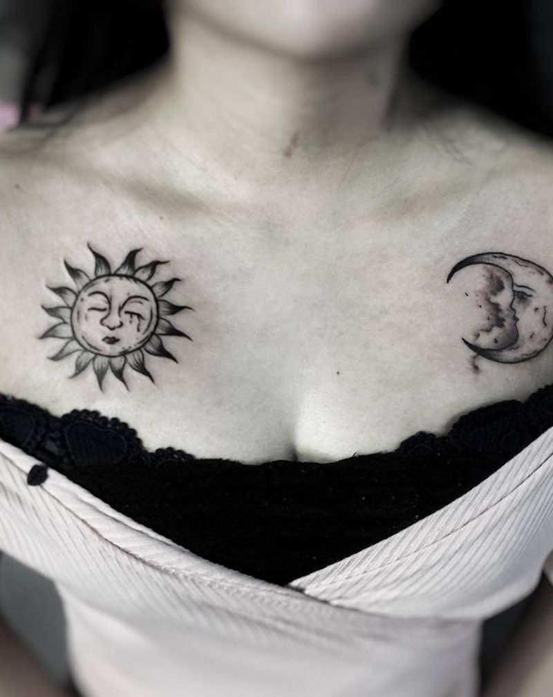 日了月纹身图片_胸部纹身图案