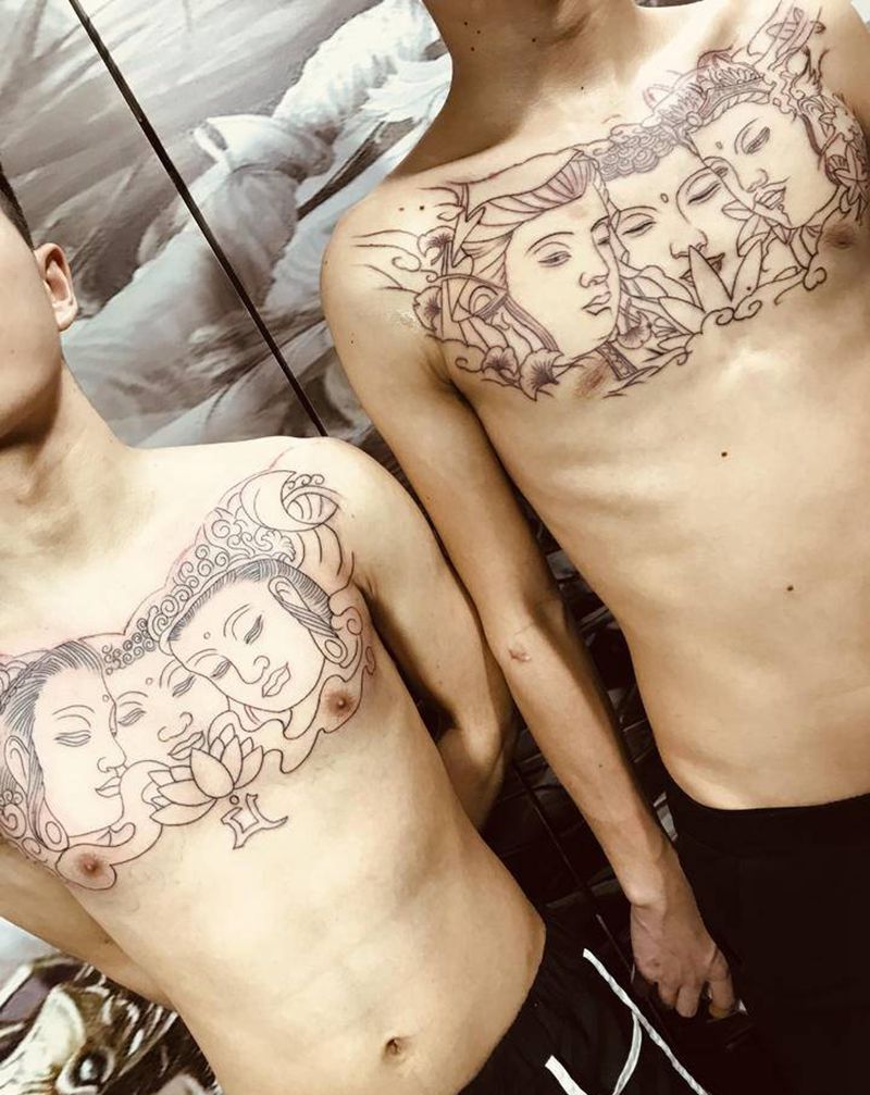 三面佛线条纹身图片_胸部纹身图案