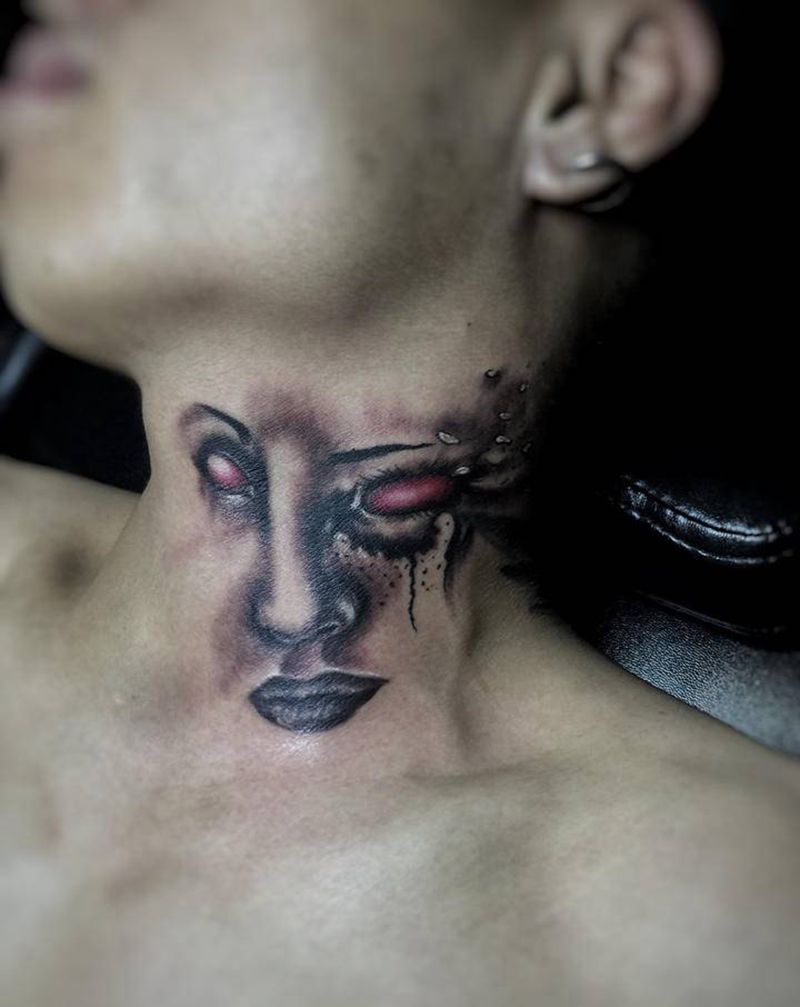 割喉一般的感觉纹身图片_颈部纹身图案