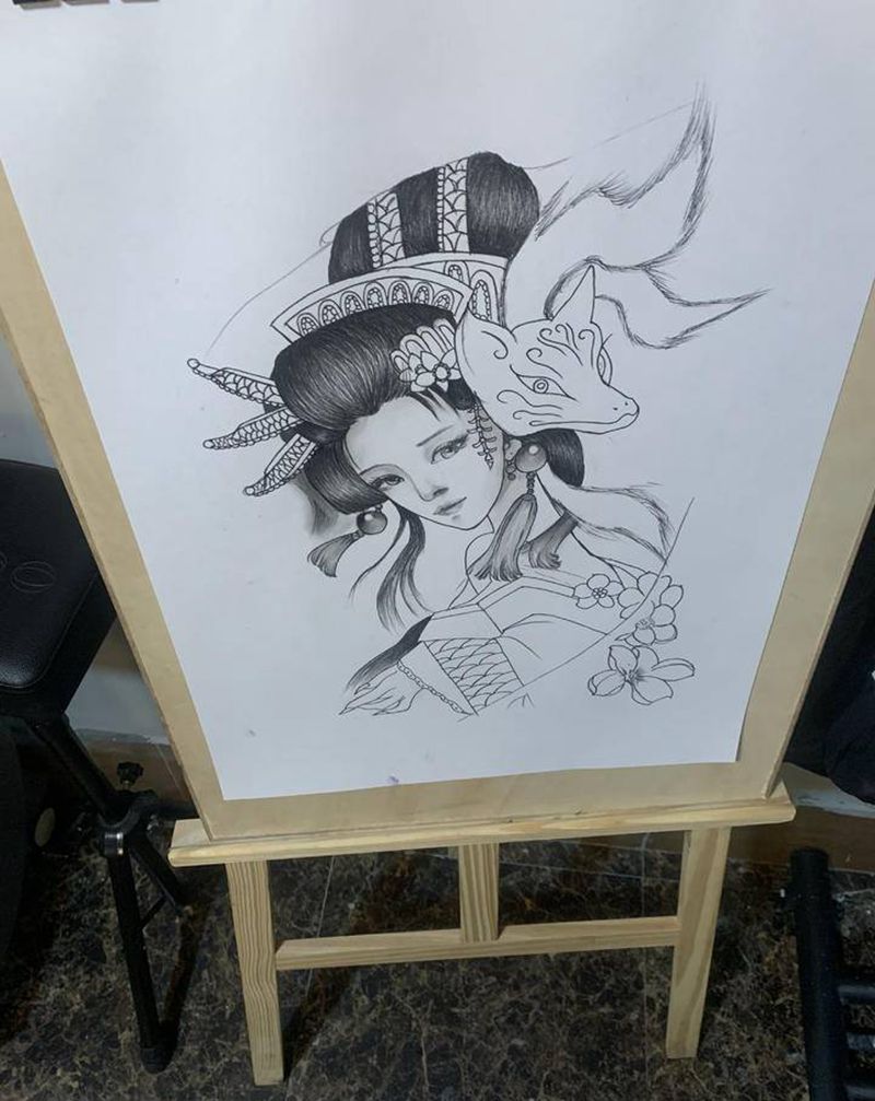 狐仙纹身图片_新传统艺妓，狐狸纹身图案