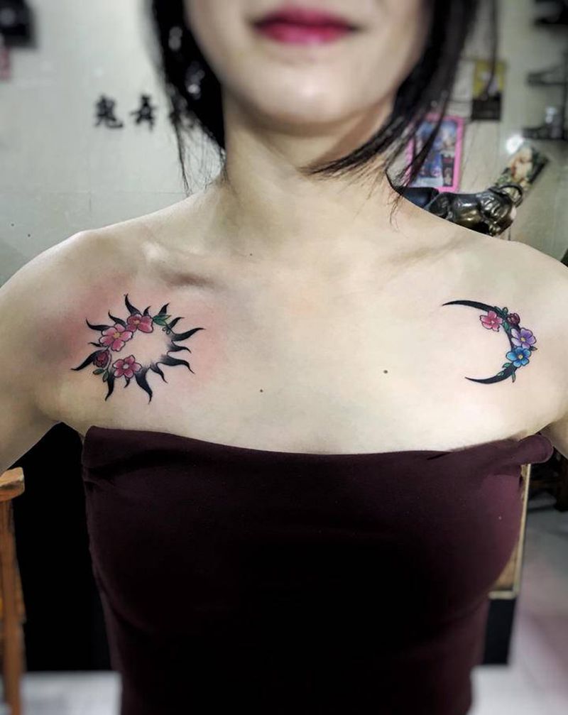 日月纹身图片_肩部纹身图案