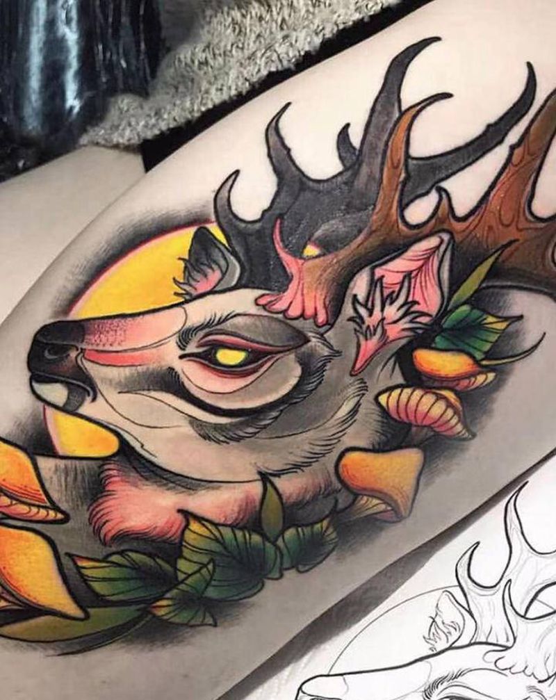 鹿纹身图片_新传统纹身图案