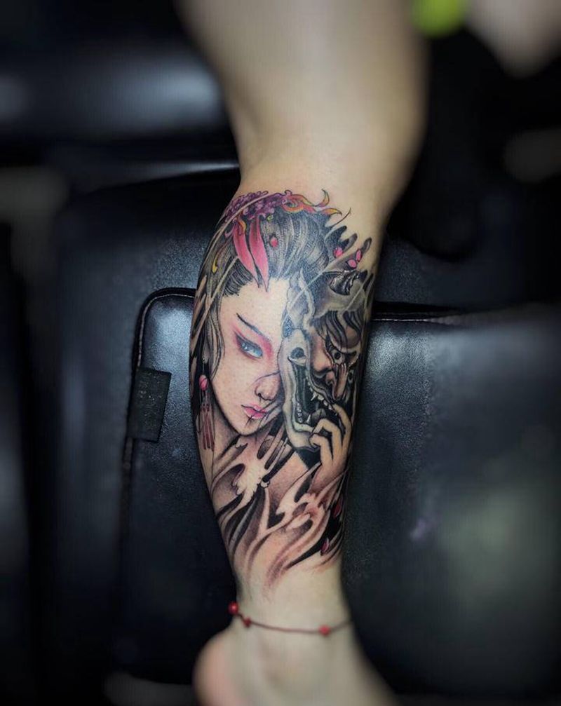 小腿艺妓纹身图片_腿部纹身图案