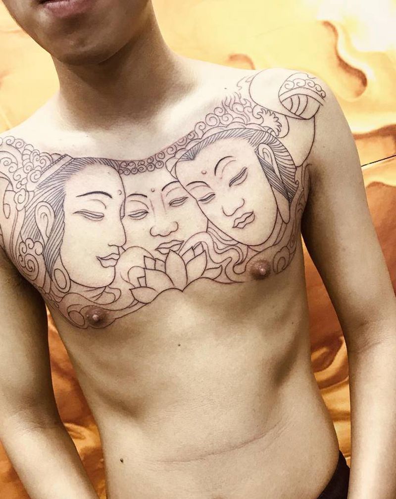 三面佛线条纹身图片_胸部纹身图案