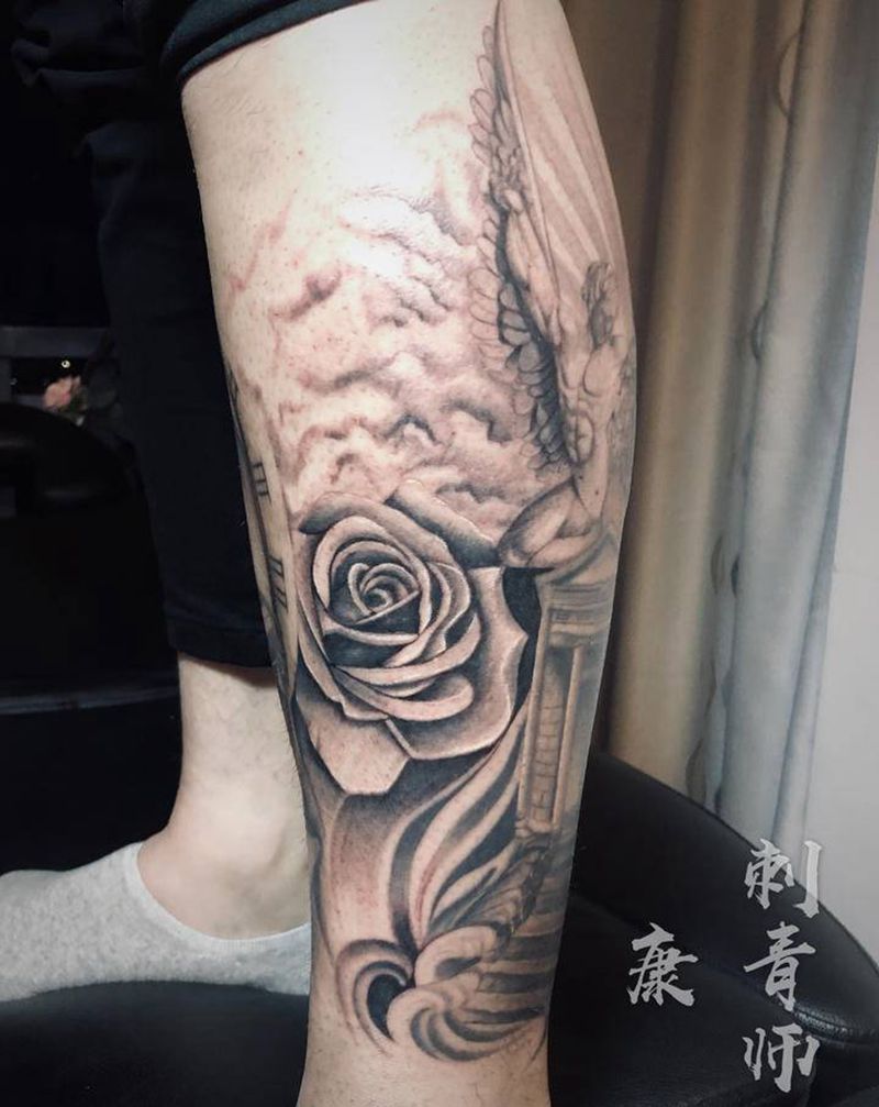 写实元素包小腿纹身图片_腿部欧美写实纹身图案