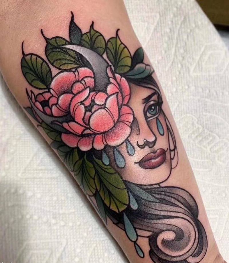 花与美女纹身图片_New School纹身图案