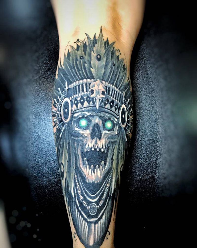 印第安骷髅纹身图片_腿部纹身图案