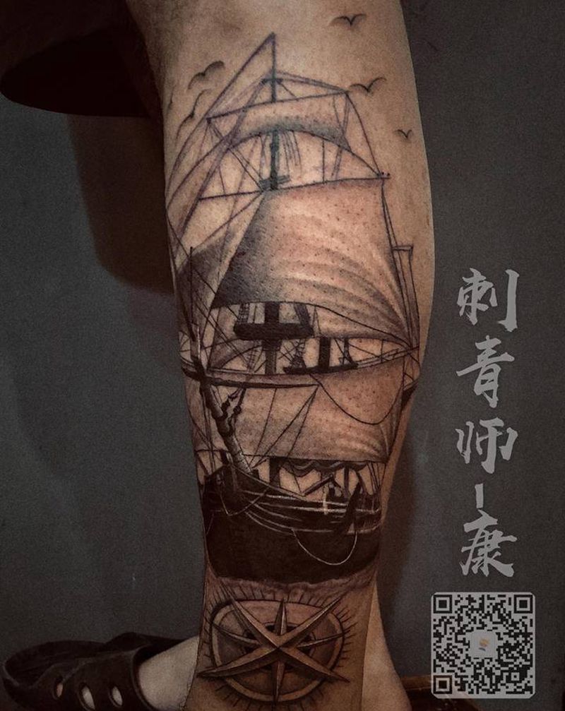 帆船纹身图片_腿部纹身图案
