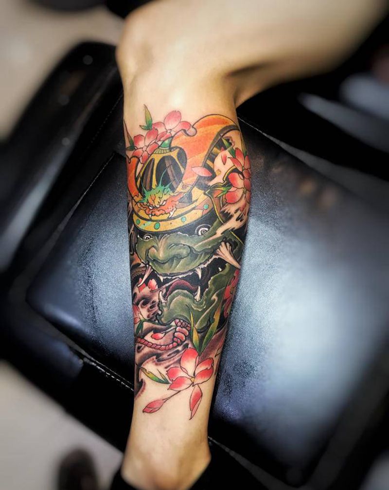 鬼武士纹身图片_腿部纹身图案