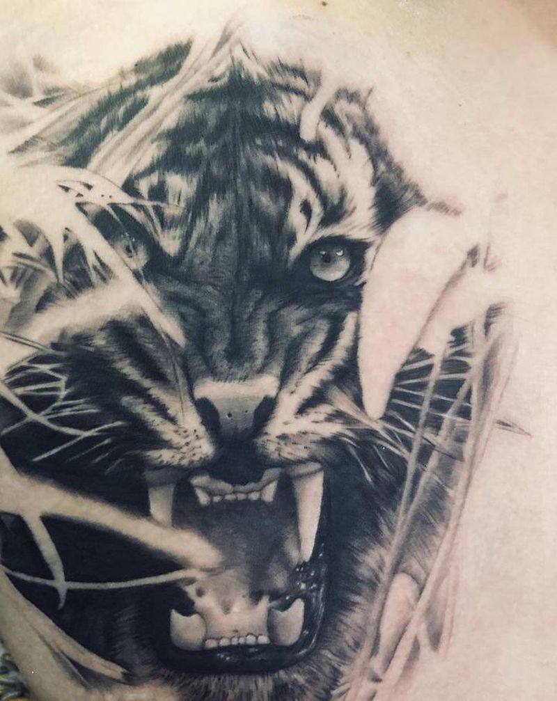 写实老虎纹身图片_胸部欧美写实老虎写实纹身图案
