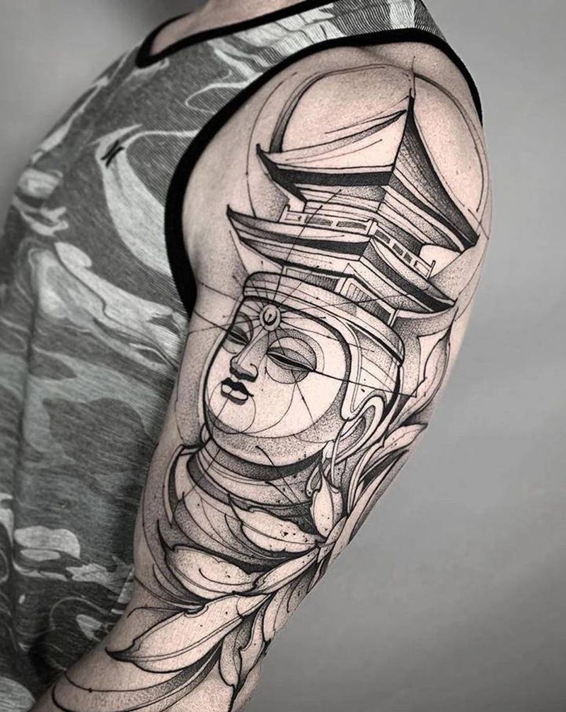 亭子纹身图片_新传统纹身图案