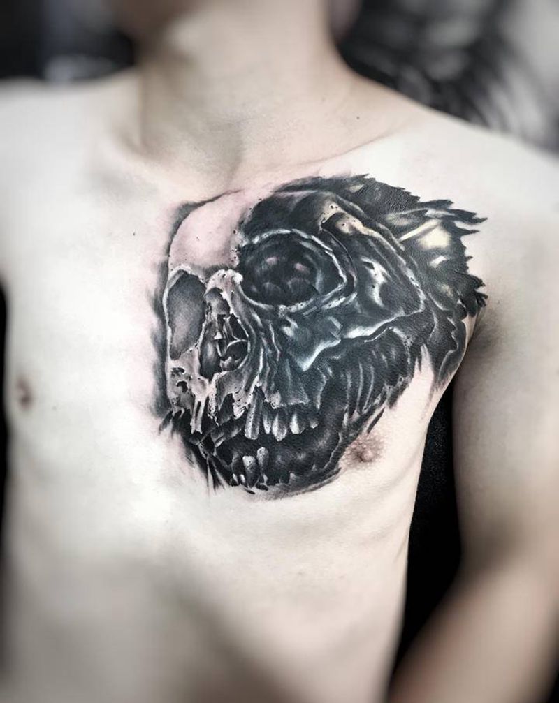 遮盖二哈纹身图片_胸部纹身图案