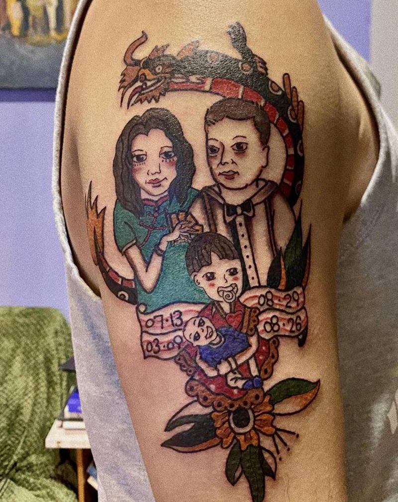 一家4口纹身图片_手臂Old School纹身图案