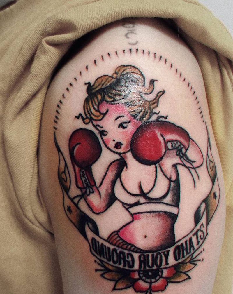 拳击少女纹身图片_Old School纹身图案