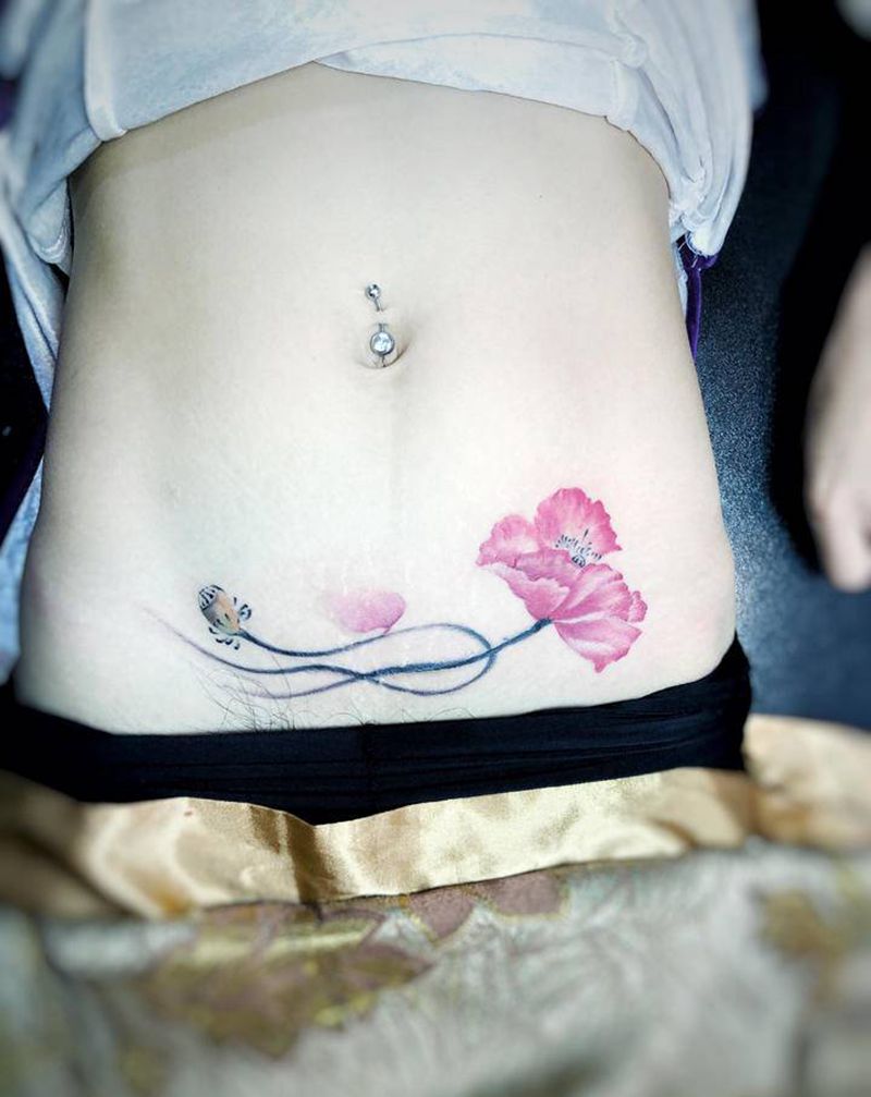 遮盖剖腹产疤痕纹身图片_腹部纹身图案