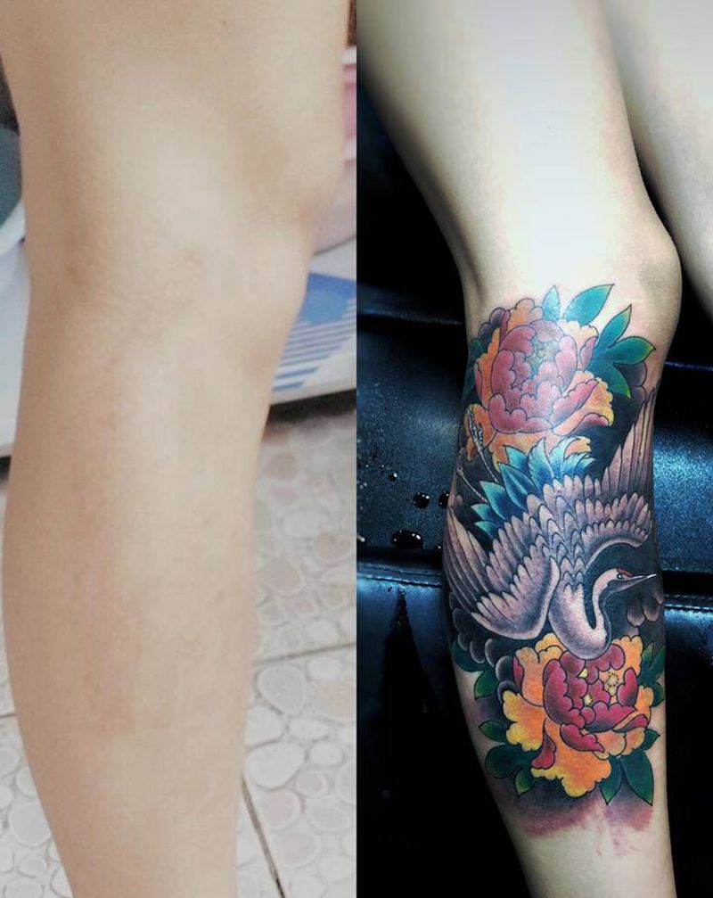 鹤纹身图片_腿部纹身图案