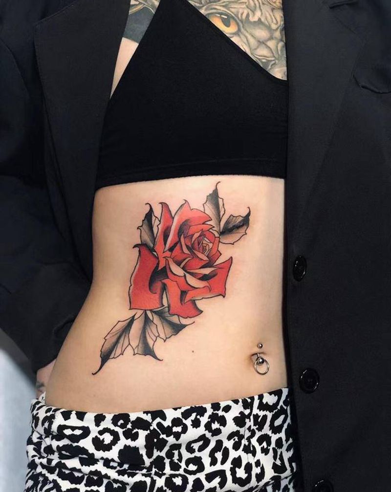 New School玫瑰花纹身图片_腹部New School纹身图案