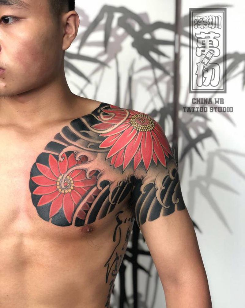 日式半甲 - 雏菊纹身图片_手臂老传统纹身图案