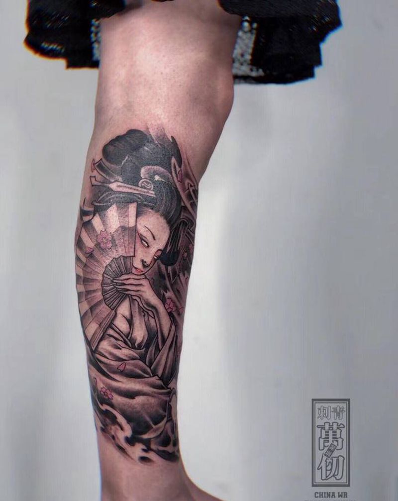 艺妓纹身图片_腿部新传统纹身图案