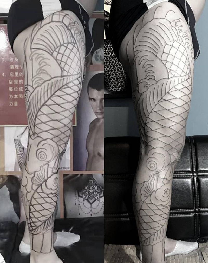 花腿纹身图片_腿部老传统纹身图案