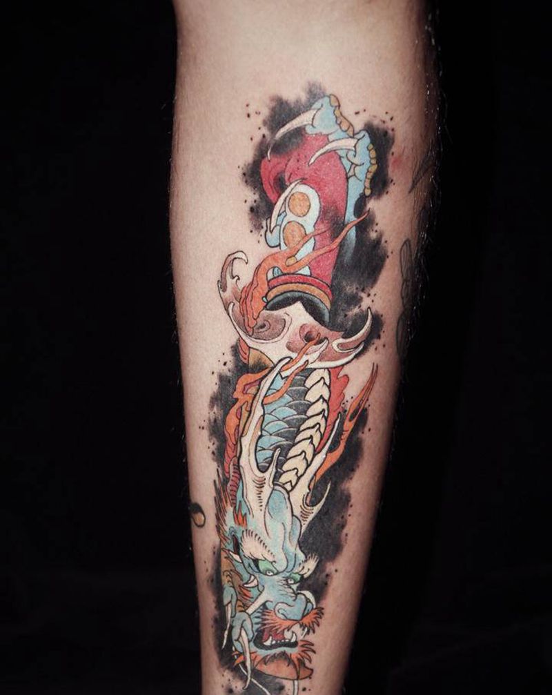 龙头纹身图片_New School龙 匕首纹身图案