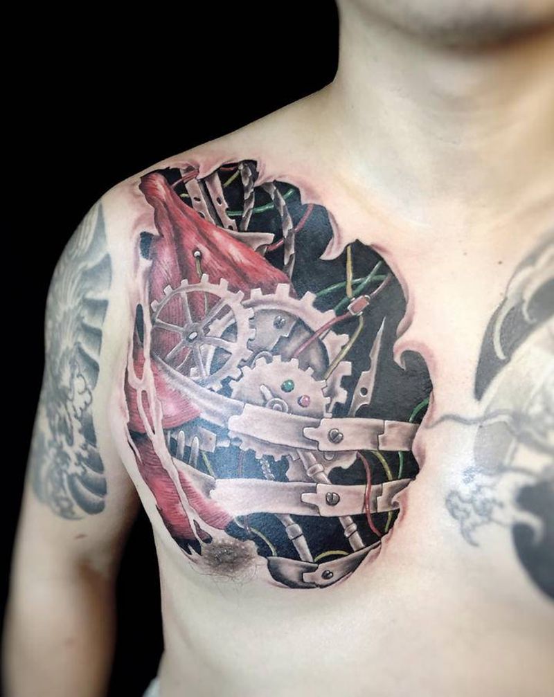 3D机械纹身图片_胸部欧美写实3D纹身图案